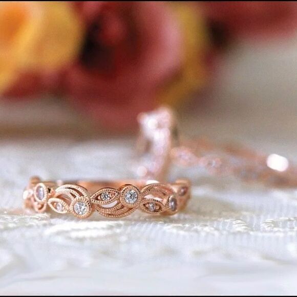 Romantic Princess Cut Rose Gold PLATED Ring Set - Picture 2 of 4